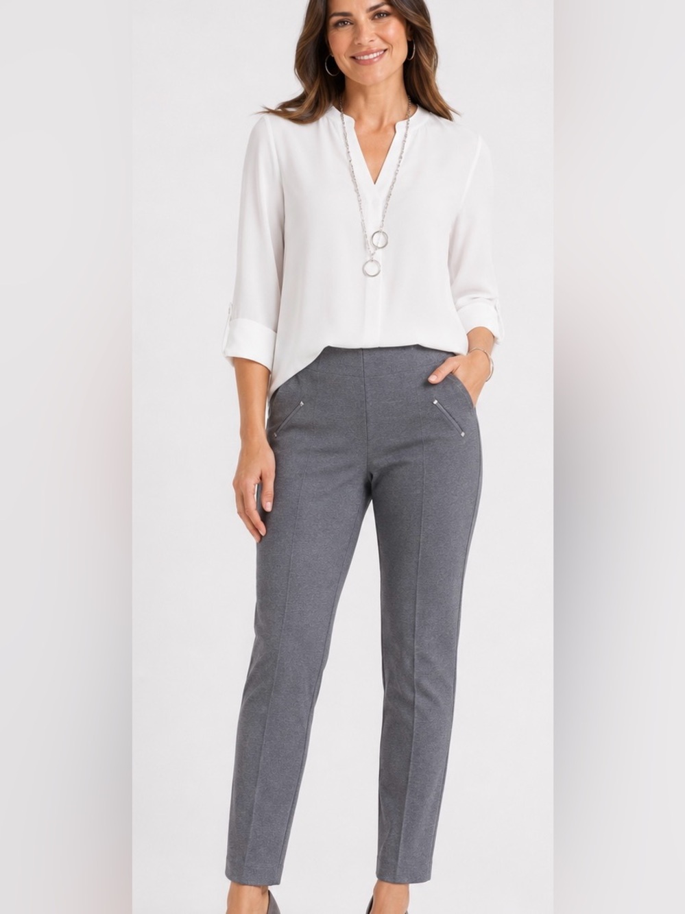 Chico’s So Slimming Gray Juliet Slim Leg Pull-On Pants Size 8R Office Minimalist